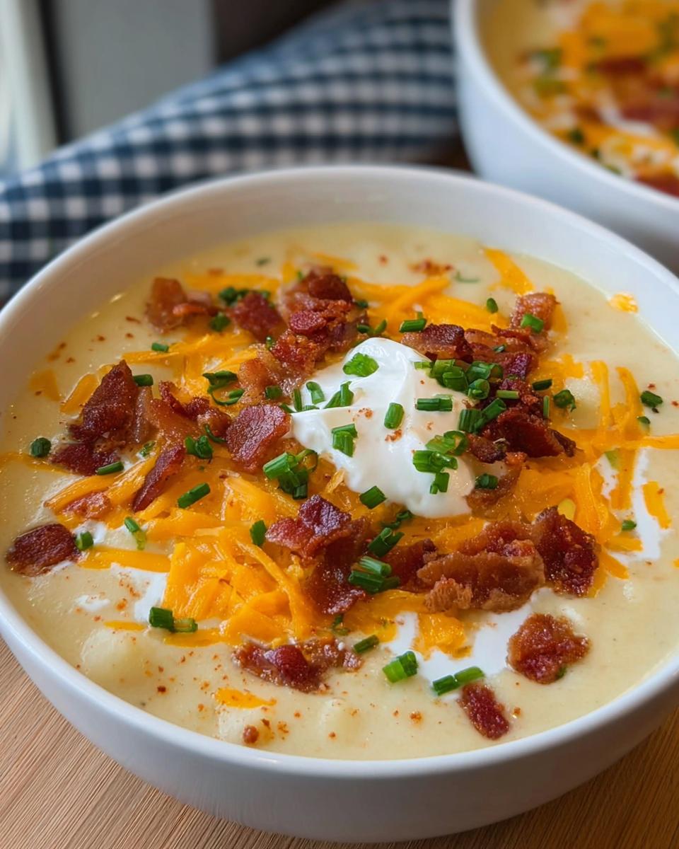 A close-up of a bowl of creamy Loaded Baked Potato Soup with Bacon and Cheese, topped with sour cream and chives.