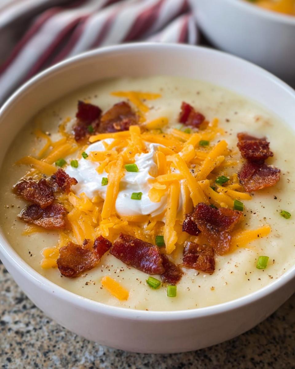 Close-up of a bowl of creamy Loaded Baked Potato Soup with bacon, shredded cheddar cheese, sour cream, and chives.