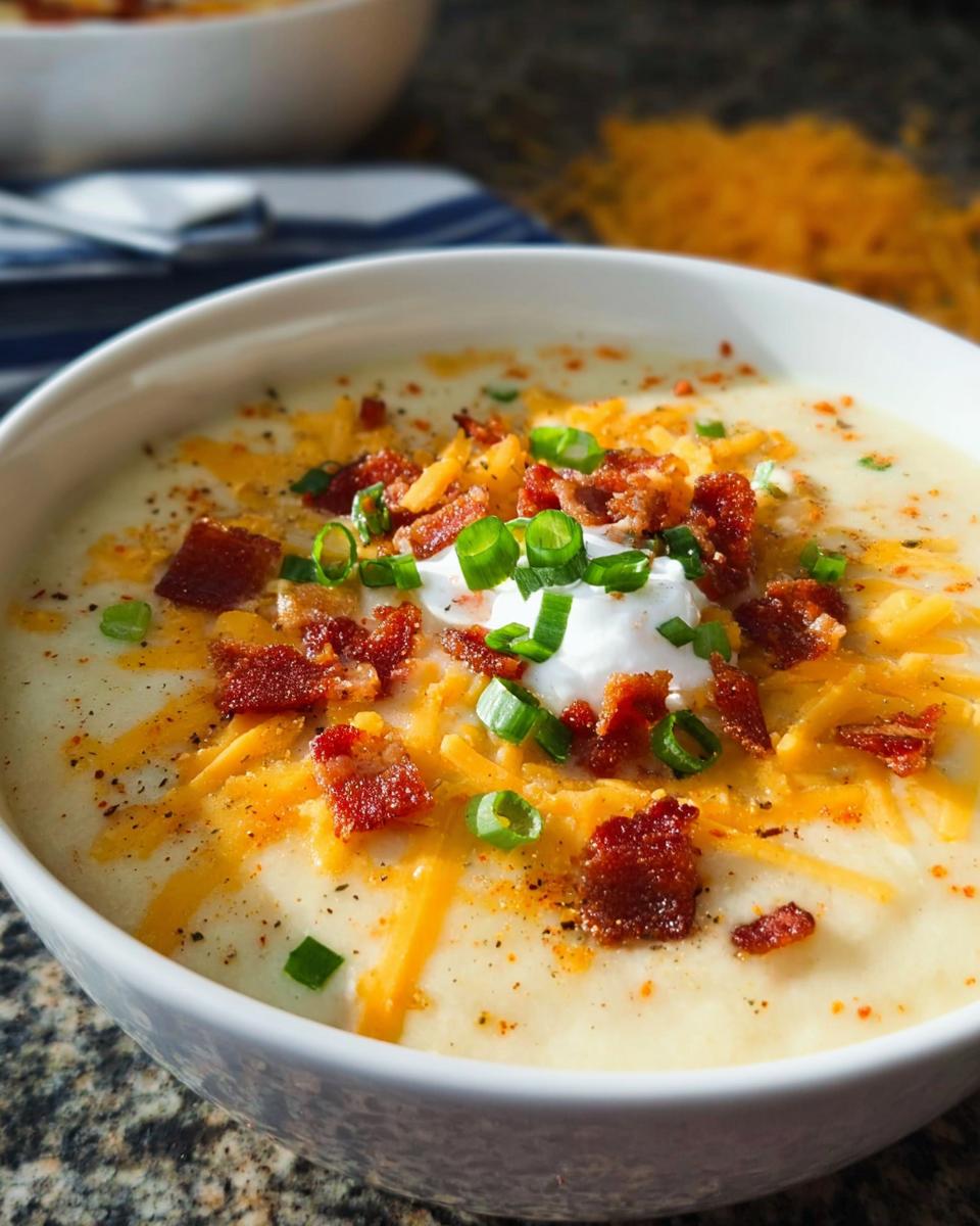Close-up of a bowl of creamy Loaded Baked Potato Soup with Bacon and Cheese, topped with sour cream and chives.