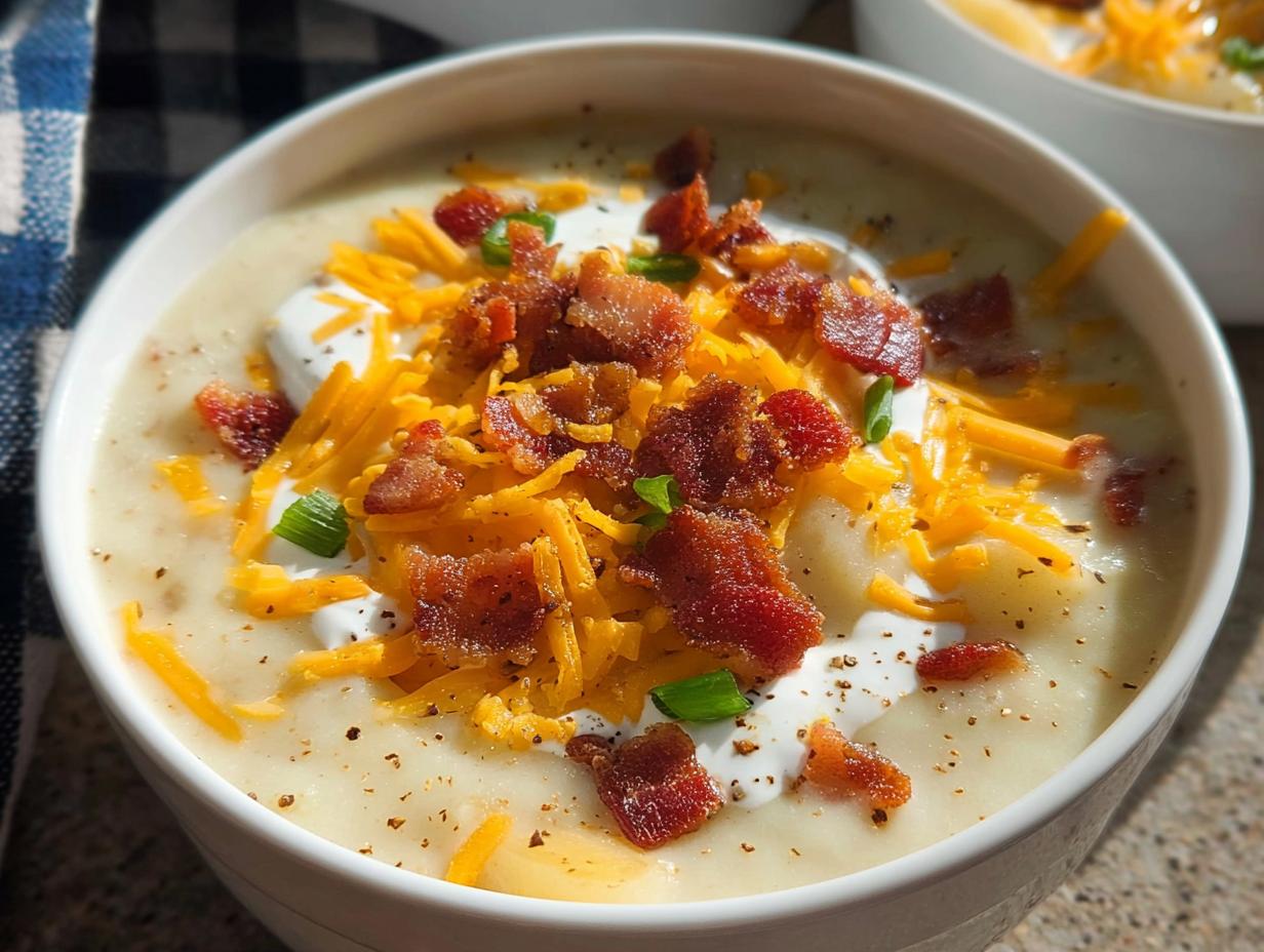 A close-up of a bowl of creamy Loaded Baked Potato Soup with Bacon and Cheese, topped with sour cream and green onions.