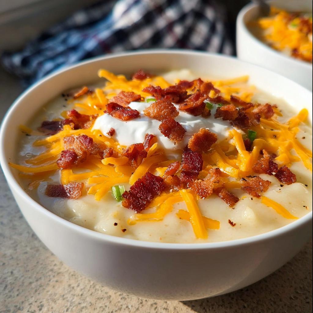 A creamy bowl of Loaded Baked Potato Soup with Bacon and Cheese, topped with sour cream and green onions.