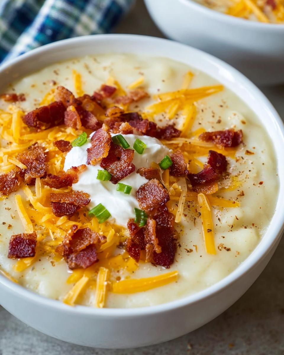 Close-up of a bowl of creamy Loaded Baked Potato Soup with Bacon and Cheese, topped with sour cream and chives.