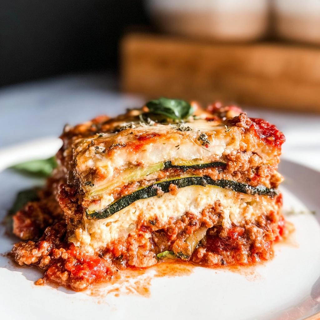 A delicious, layered slice of Low Carb Zucchini Noodle Lasagna with meat sauce and ricotta cheese.