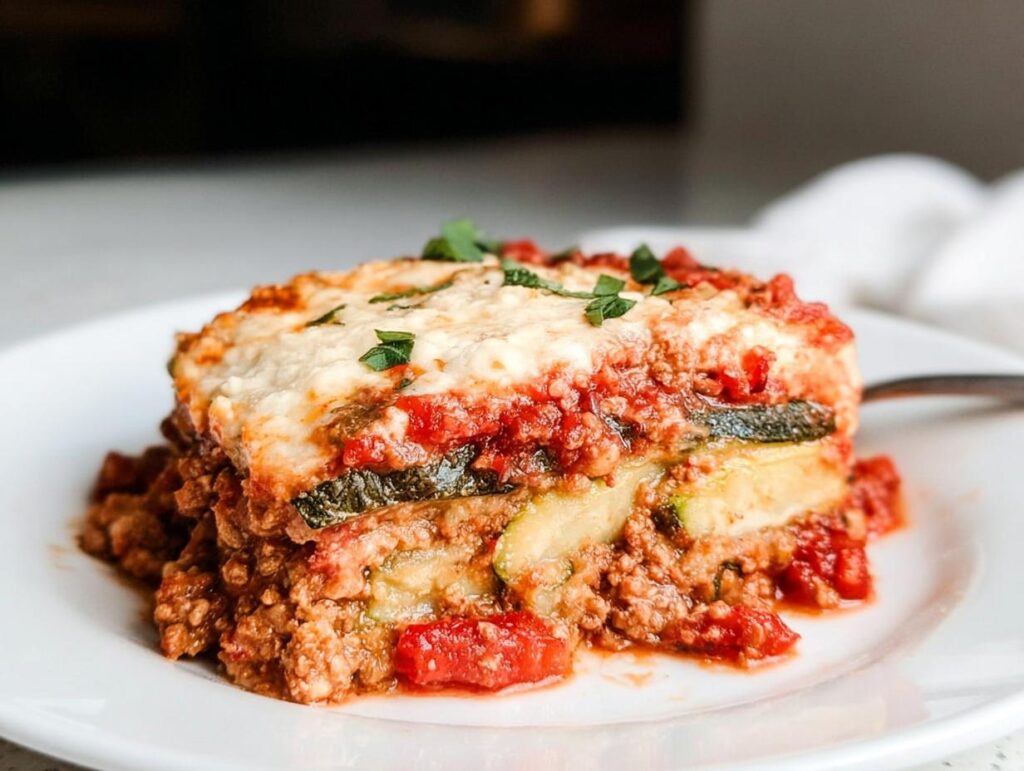 A generous slice of Low Carb Zucchini Noodle Lasagna layered with meat sauce, cheese, and zucchini strips.