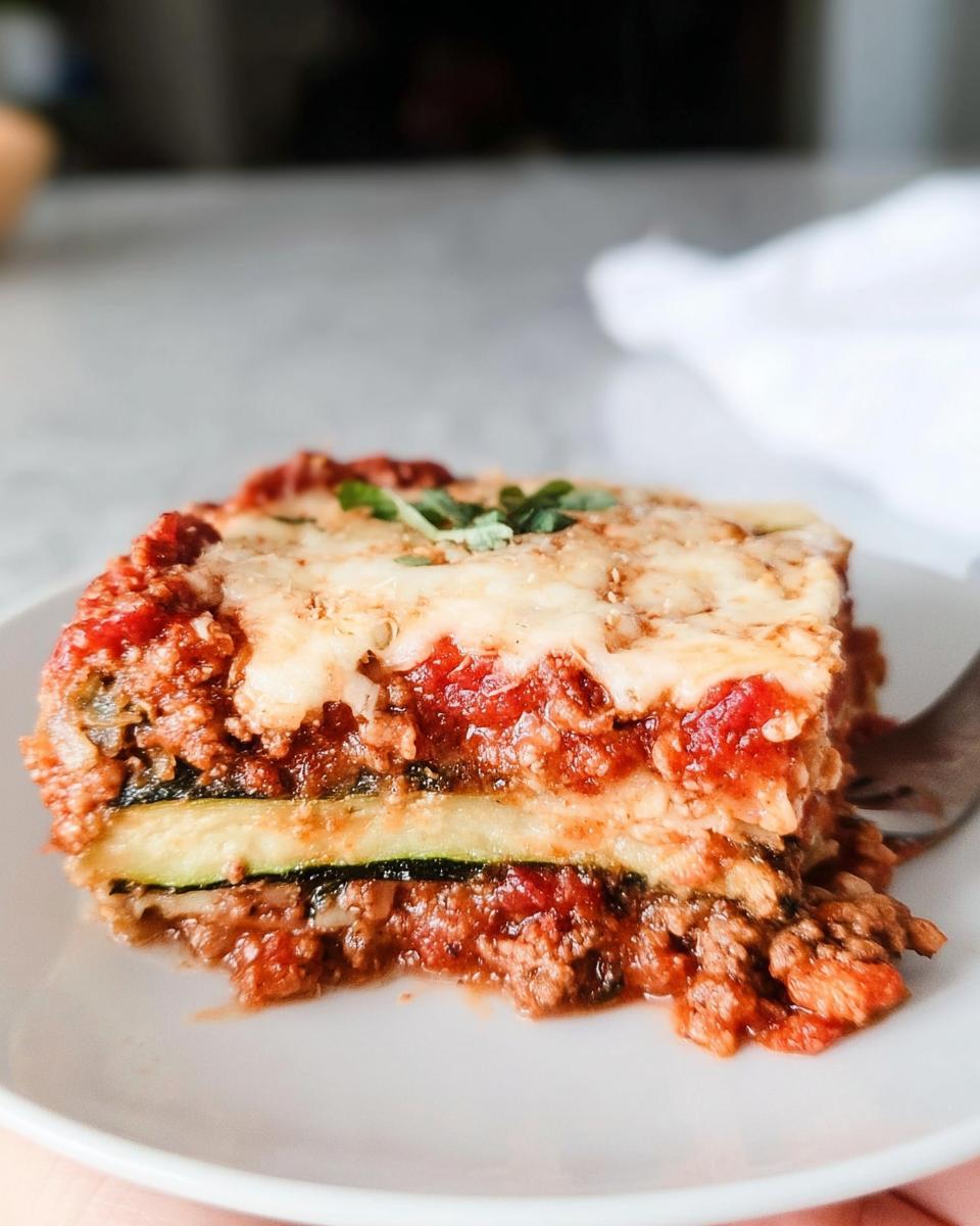 A close-up of a serving of Low Carb Zucchini Noodle Lasagna, showing layers of meat sauce, melted cheese, and zucchini slices.