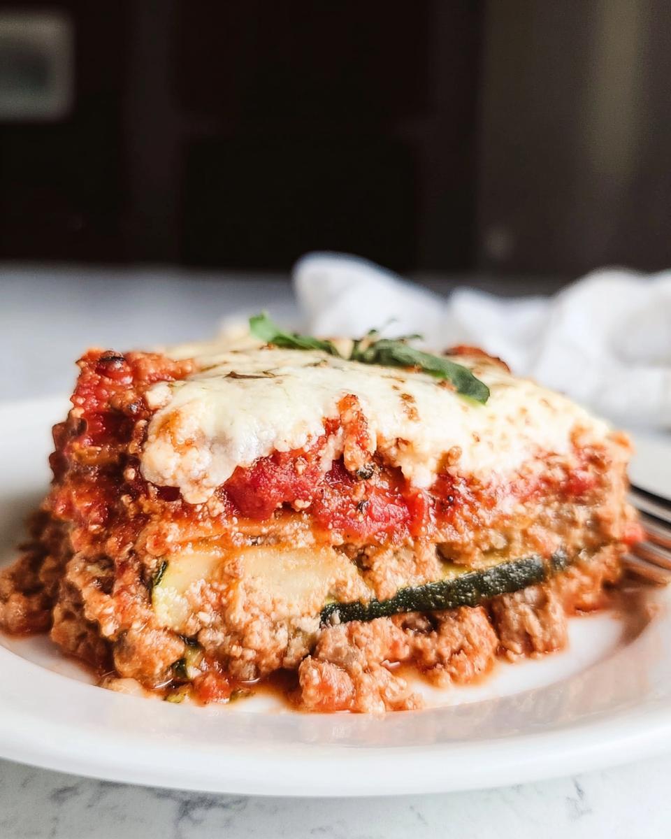 A close-up slice of Low Carb Zucchini Noodle Lasagna layered with meat sauce, cheese, and zucchini strips, topped with melted mozzarella.