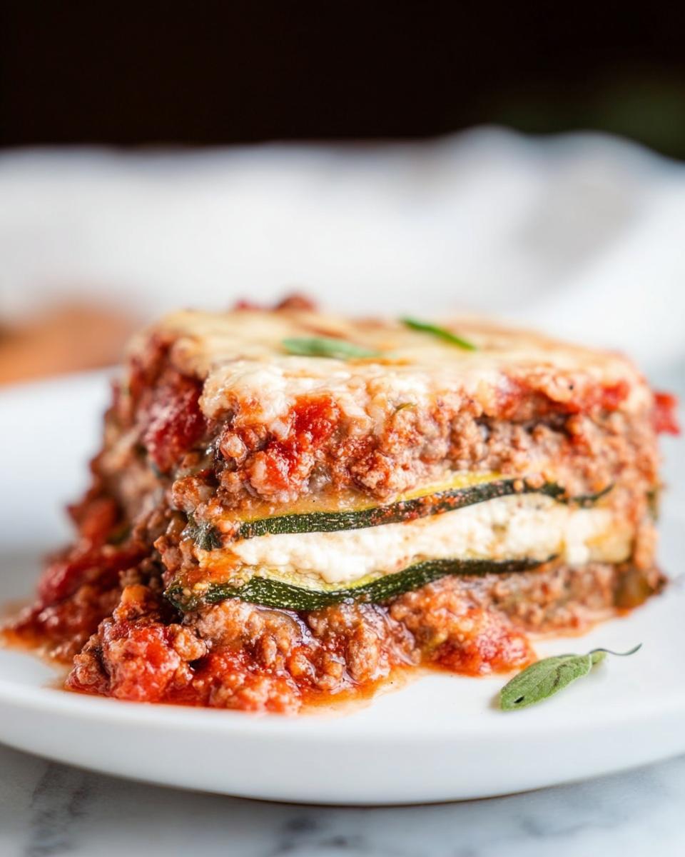 A close-up slice of layered Low Carb Zucchini Noodle Lasagna with meat sauce and melted cheese.