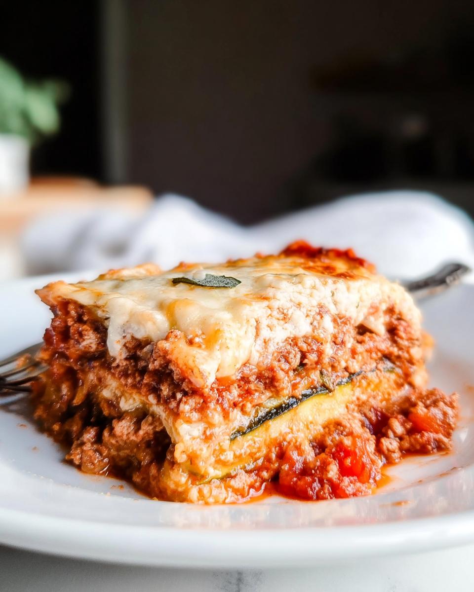A hearty slice of Low Carb Zucchini Noodle Lasagna layered with meat sauce and melted cheese on a white plate.