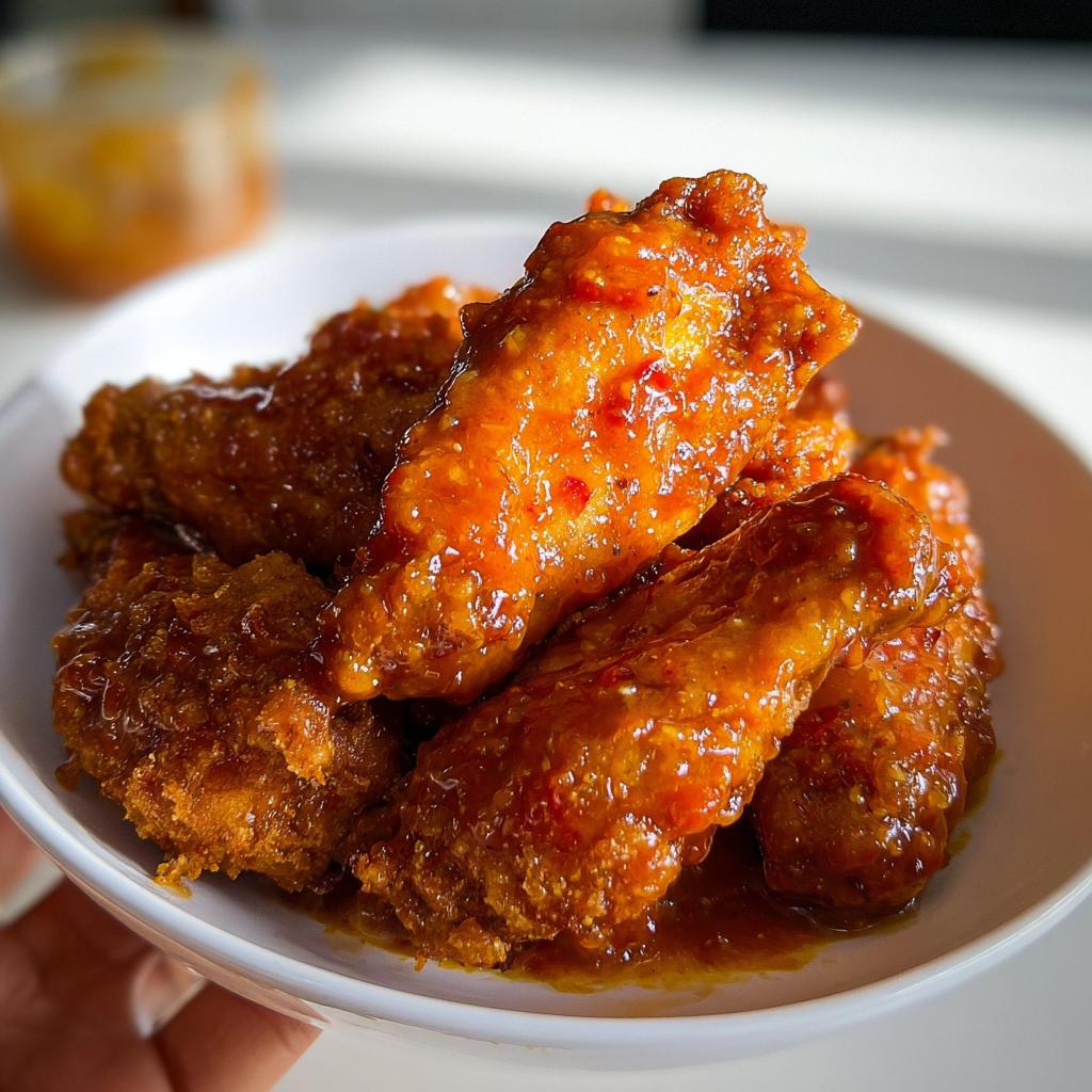 Close-up of crispy chicken wings heavily coated in a glossy, orange Mango Habanero Hot Wings sauce.