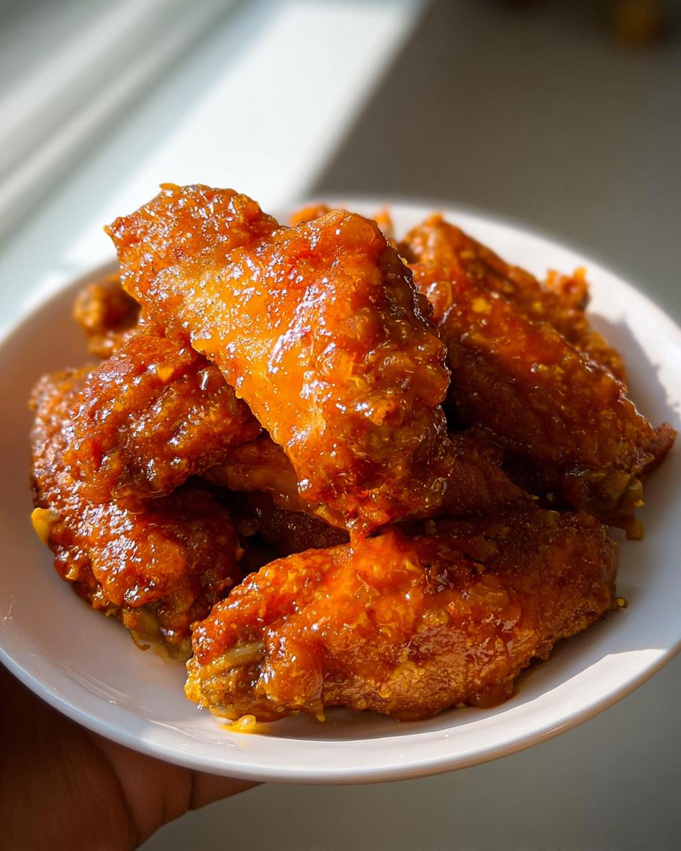 Close-up of several glossy, orange-glazed Mango Habanero Hot Wings piled on a white plate.