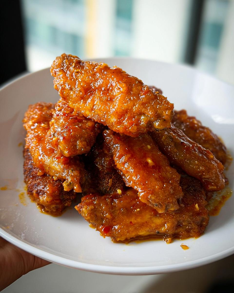 A close-up of crispy chicken wings generously coated in a sticky, orange Mango Habanero Hot Wings sauce.