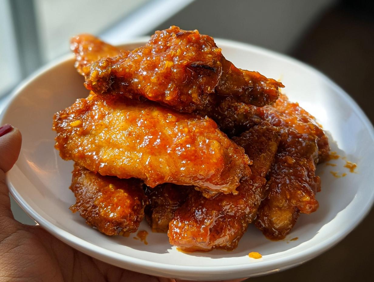 Close-up of several sticky, glazed Mango Habanero Hot Wings piled high on a small white plate.