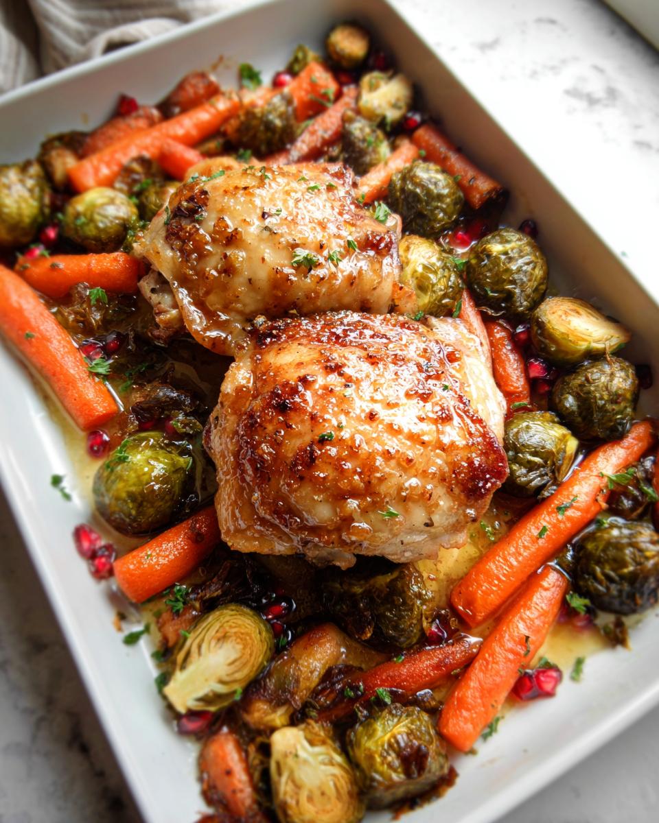 Two glazed Maple Dijon Roasted Chicken Thighs served in a white dish with roasted carrots and Brussels sprouts.