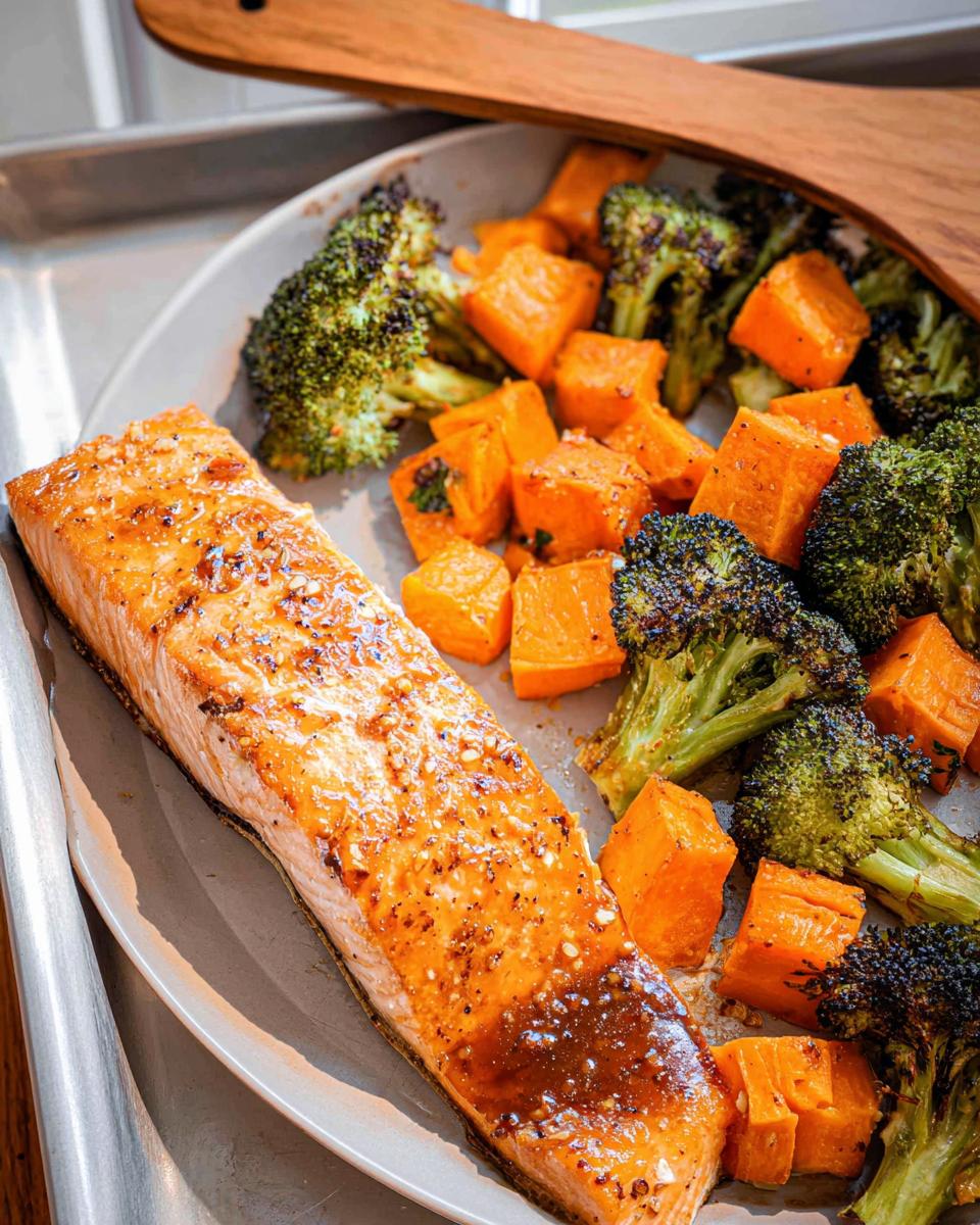 Close-up of a glazed salmon fillet next to roasted sweet potatoes and broccoli from the Maple Dijon Salmon Sheet Pan Dinner.