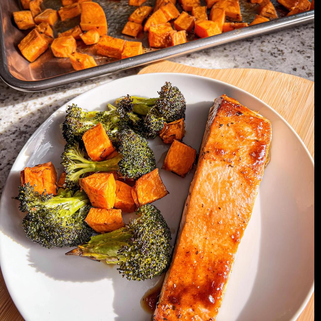 A serving of Maple Dijon Salmon Sheet Pan Dinner with roasted broccoli and sweet potatoes on a white plate.