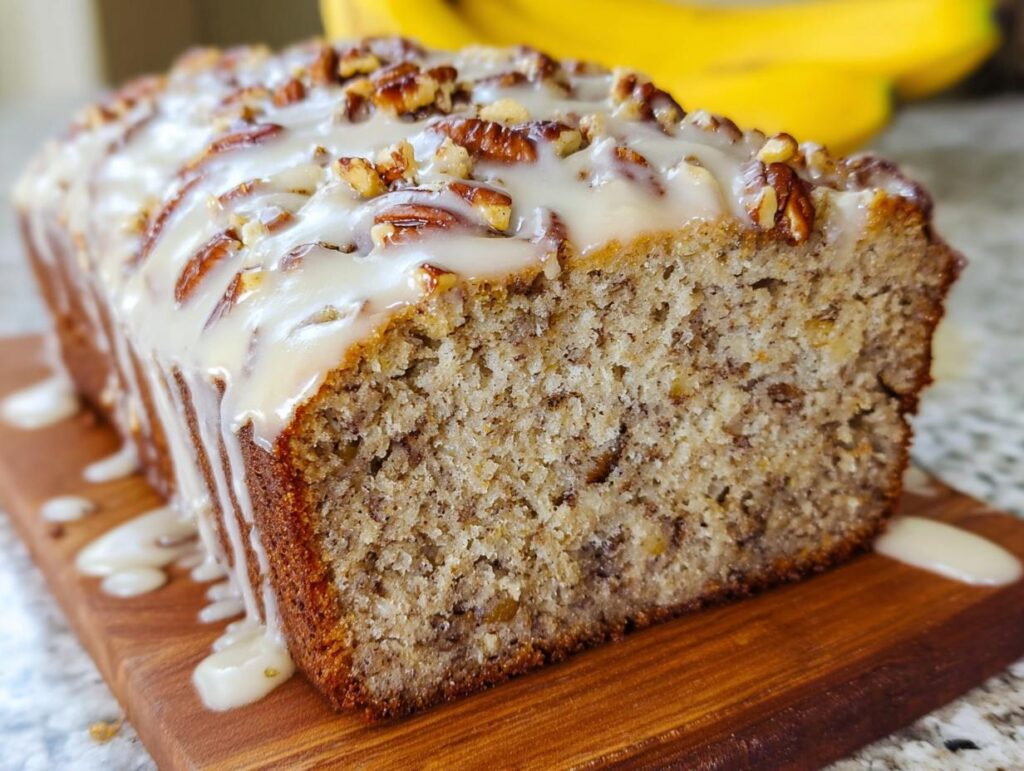 A close-up of Maple Pecan Banana Bread, drizzled with a thick white glaze and topped with chopped pecans.