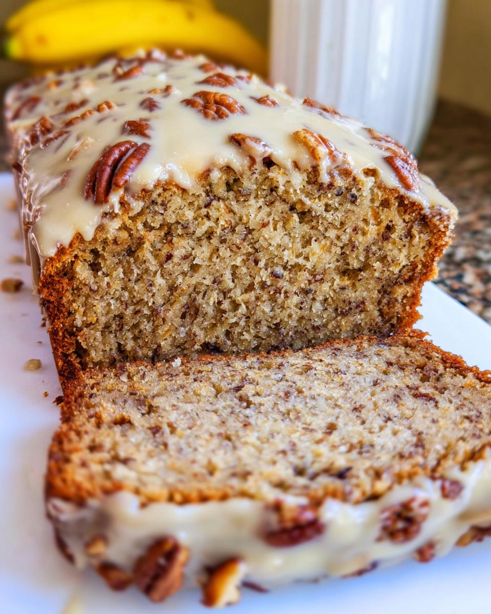 A slice cut from a loaf of Maple Pecan Banana Bread topped with a thick maple glaze and pecans.