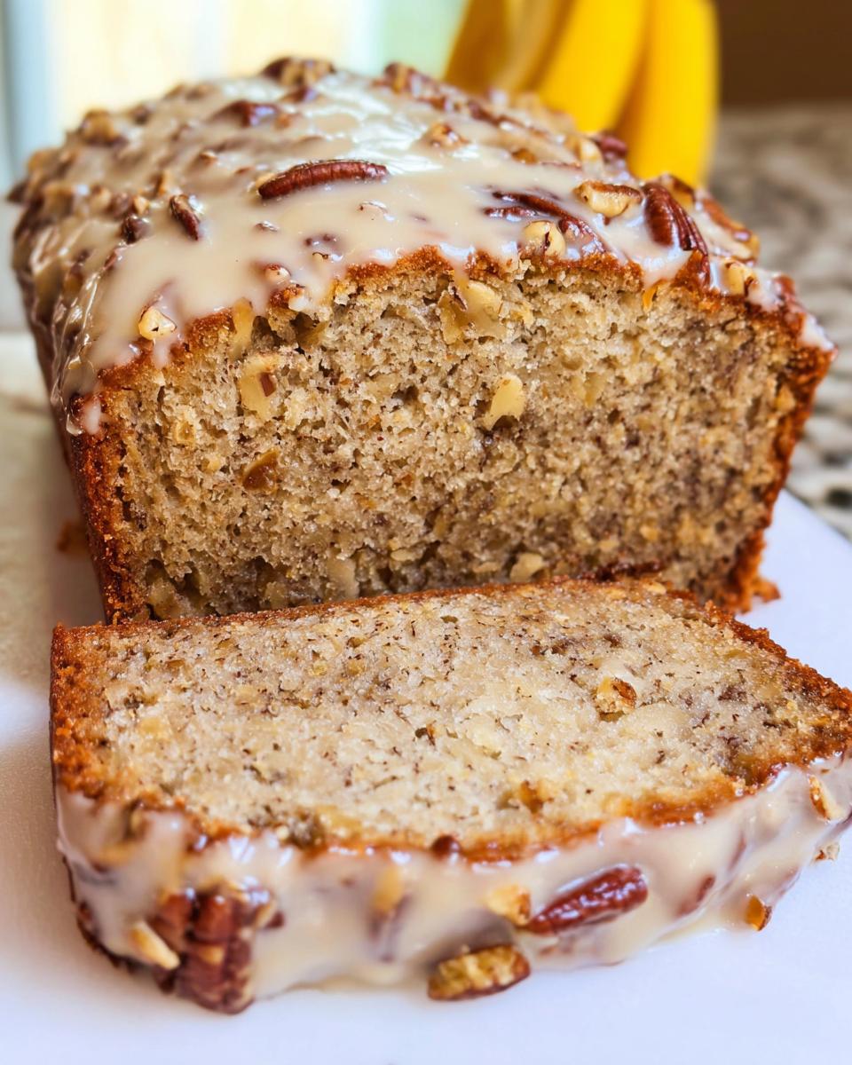 Close-up of Maple Pecan Banana Bread, sliced, showing moist texture and pecan maple glaze.