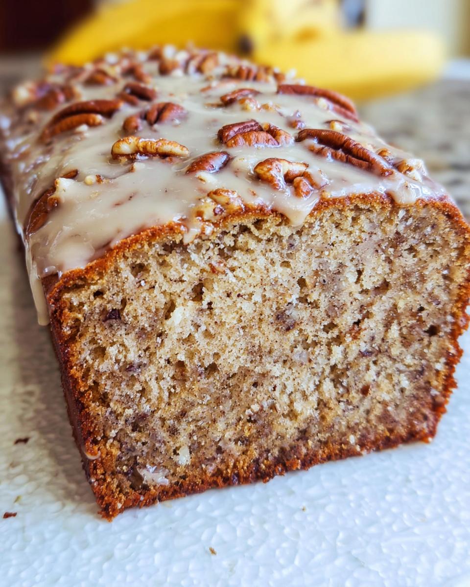 Close-up of a slice of Maple Pecan Banana Bread topped with a thick maple glaze and whole pecans.