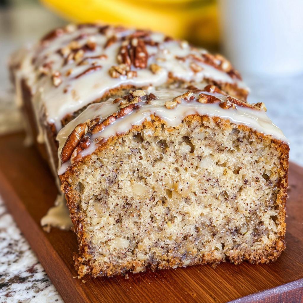Close-up of sliced Maple Pecan Banana Bread topped with a thick maple glaze and chopped pecans.