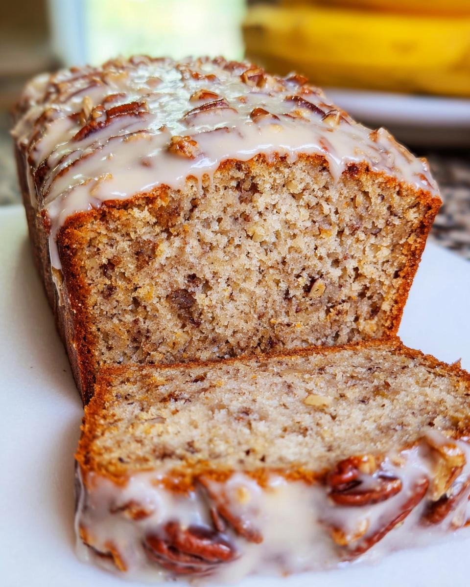 Close-up of sliced Maple Pecan Banana Bread topped with a thick maple glaze and whole pecans.