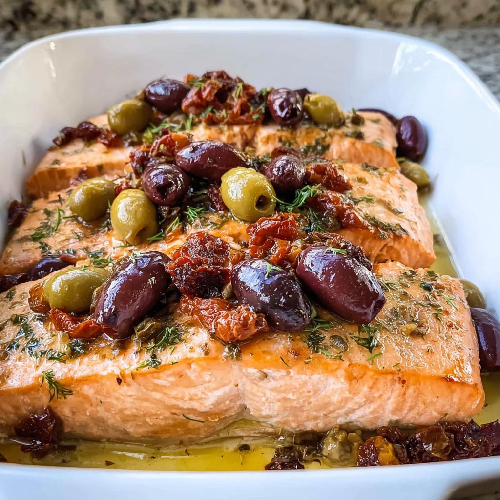 Close-up of three fillets of Mediterranean Baked Salmon with Tomatoes and Olives, topped with Kalamata and green olives.
