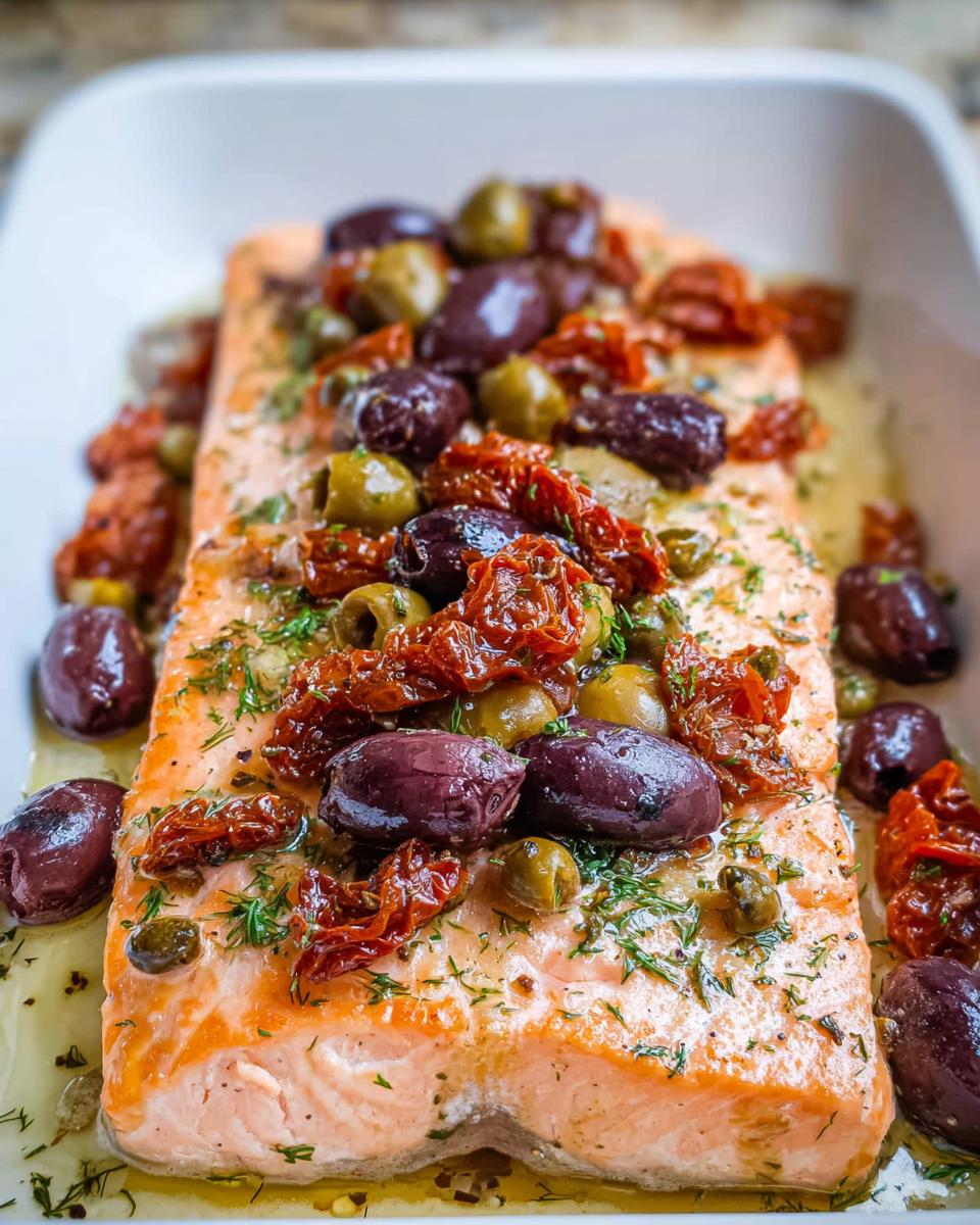 Close-up of a perfectly cooked Mediterranean Baked Salmon with Tomatoes and Olives, topped with herbs.