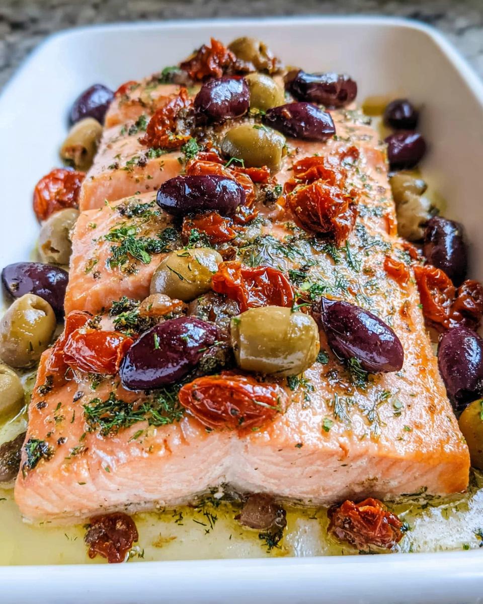 Two fillets of Mediterranean Baked Salmon with Tomatoes and Olives, topped with herbs, glistening in oil.