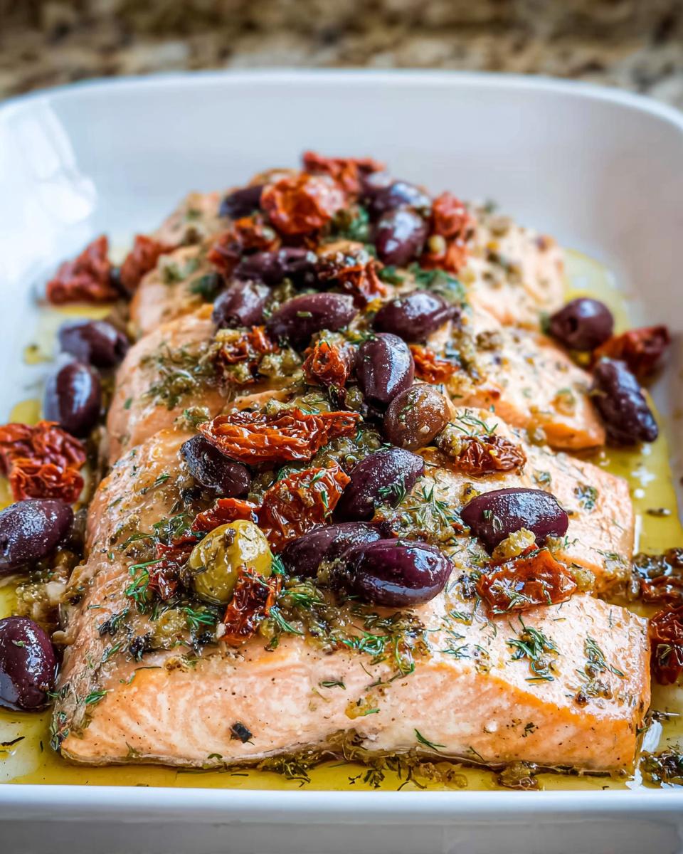Close-up of baked salmon fillets topped with Kalamata olives, sun-dried tomatoes, and herbs for Mediterranean Baked Salmon.
