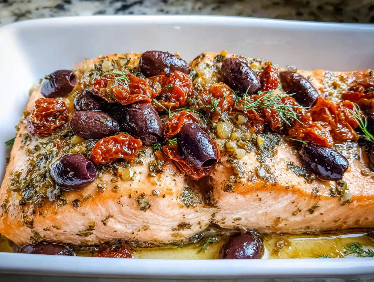 Close-up of flaky Mediterranean Baked Salmon with Tomatoes and Olives in a white dish.