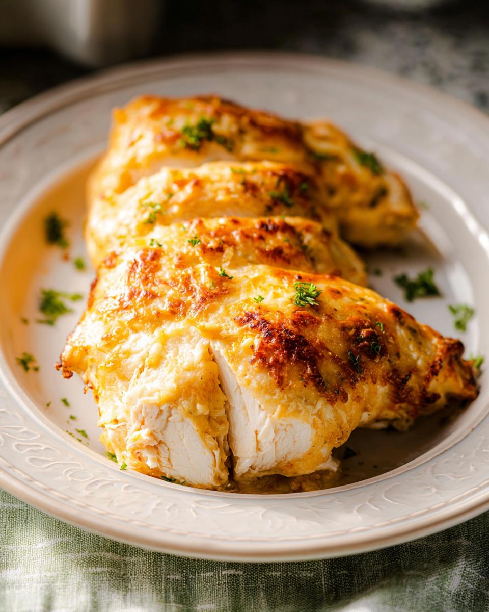 Three pieces of golden-brown Melt in Your Mouth Chicken Bake served on a white plate, cut open to show juicy white meat.