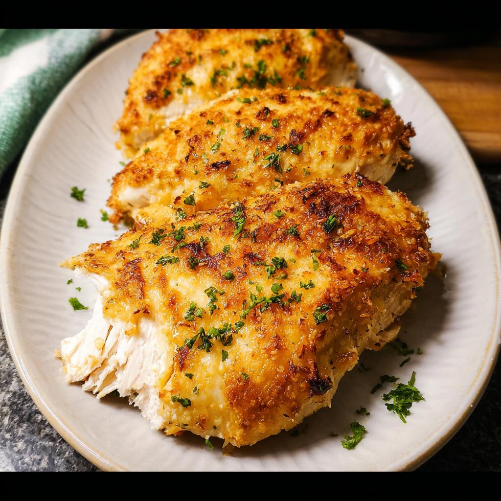 Three golden-brown, crusted chicken breasts, one partially cut to show juicy white meat, part of a Melt in Your Mouth Chicken Bake.