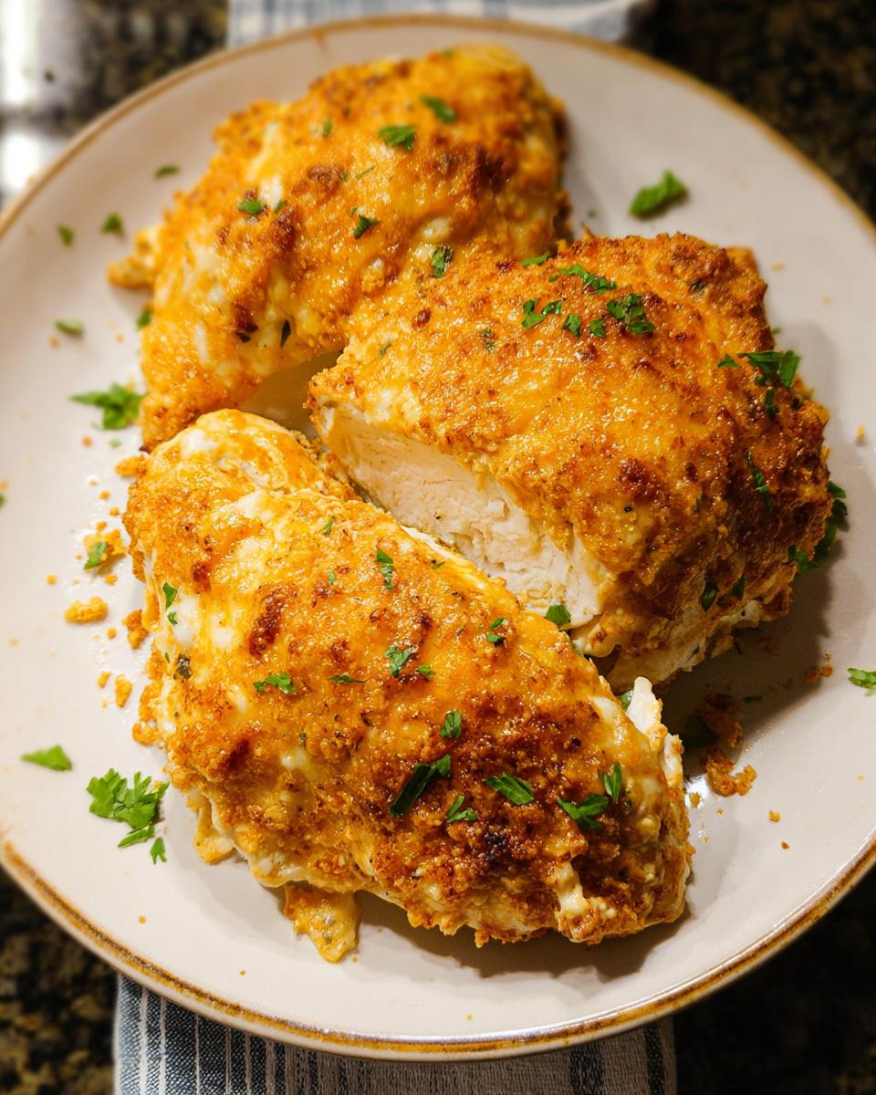 Three pieces of golden-crusted Melt in Your Mouth Chicken Bake on a plate, one piece sliced open.