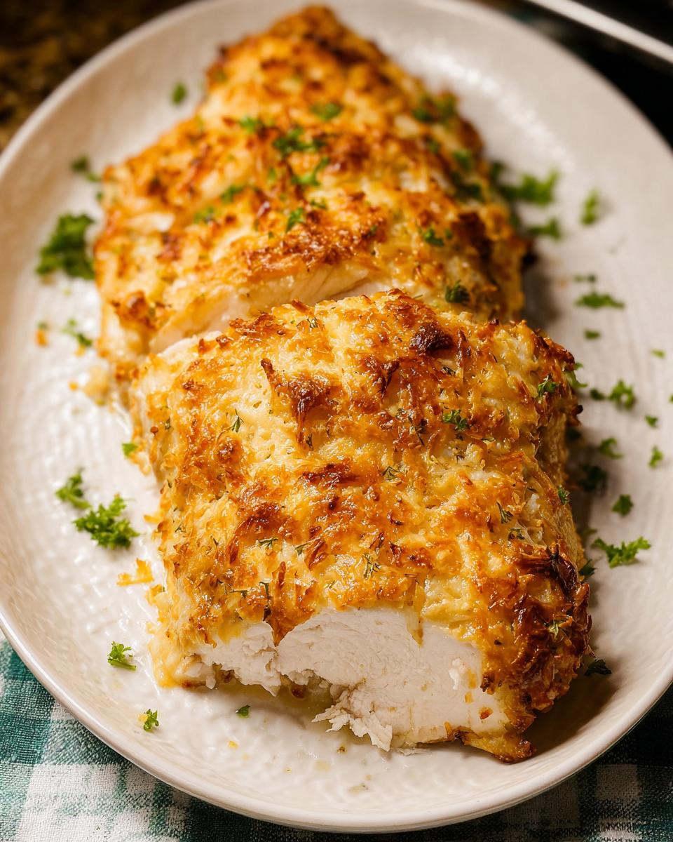 Close-up of a Melt in Your Mouth Chicken Bake, showing juicy white meat under a crispy, golden cheese topping.