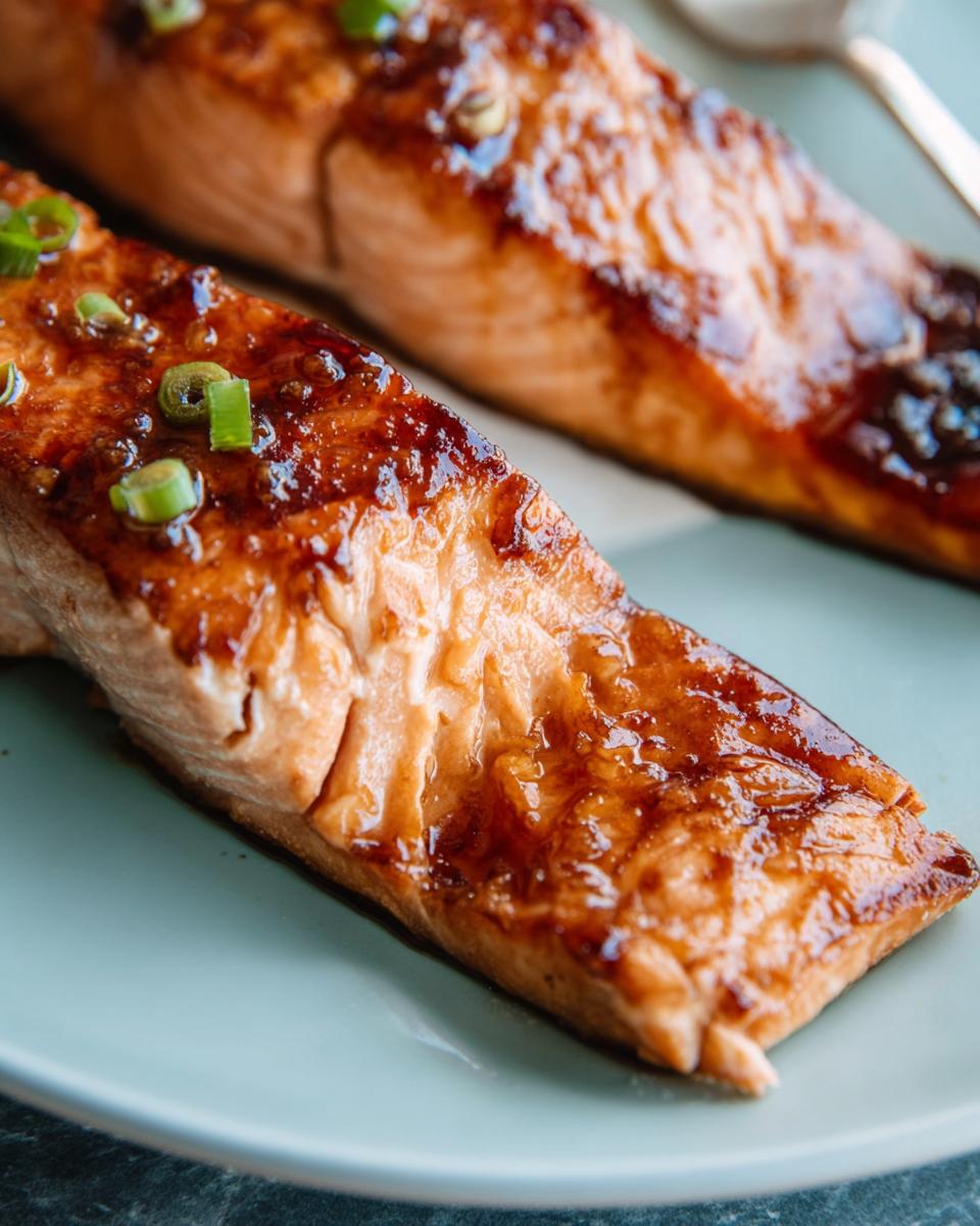 Close-up of a perfectly cooked Miso Glazed Broiled Salmon fillet topped with sliced green onions on a light blue plate.