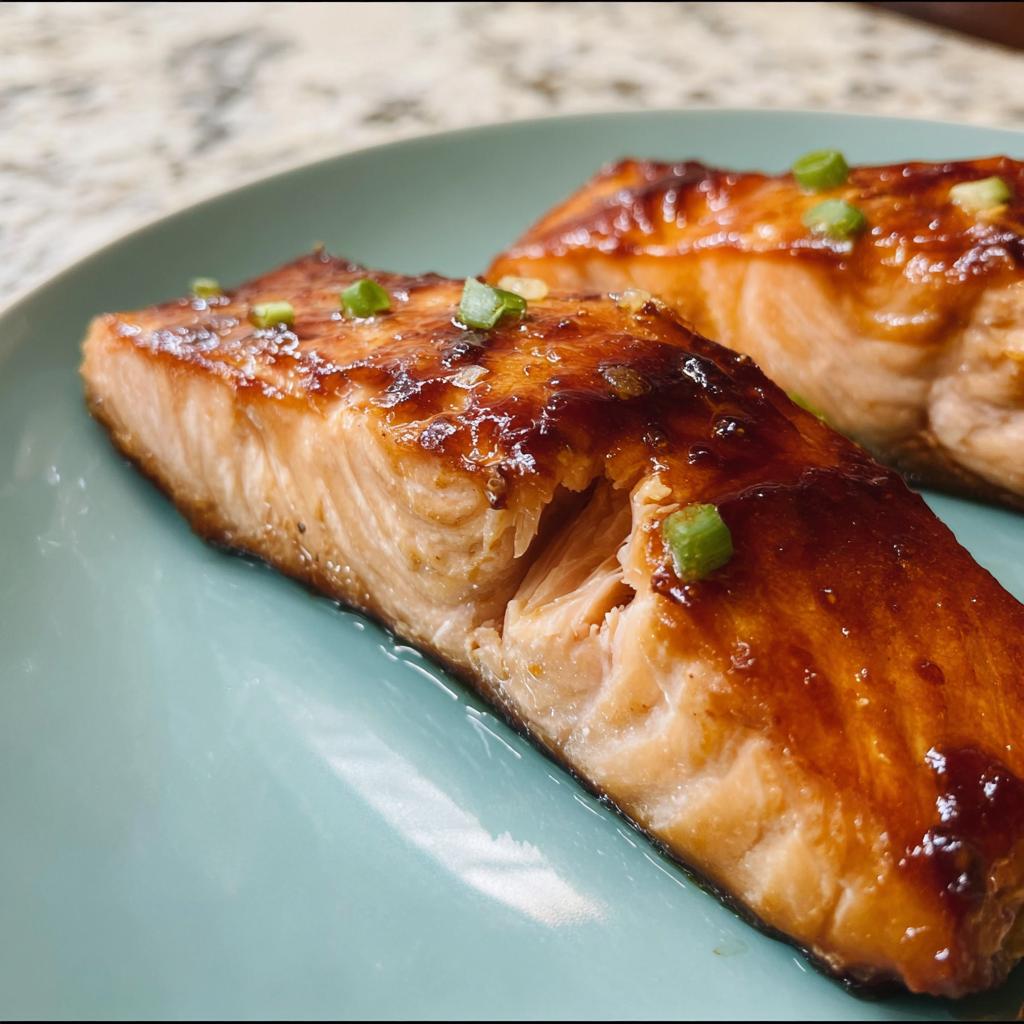 Close-up of two perfectly cooked Miso Glazed Broiled Salmon fillets garnished with green onions on a teal plate.