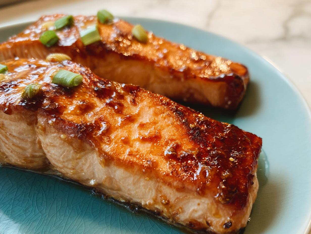 Two perfectly cooked fillets of Miso Glazed Broiled Salmon topped with sliced green onions on a light blue plate.
