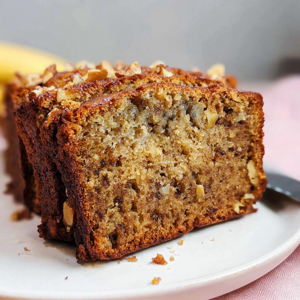 Close-up of moist slices of Banana Nut Bread with Walnuts, showing the texture and topping.