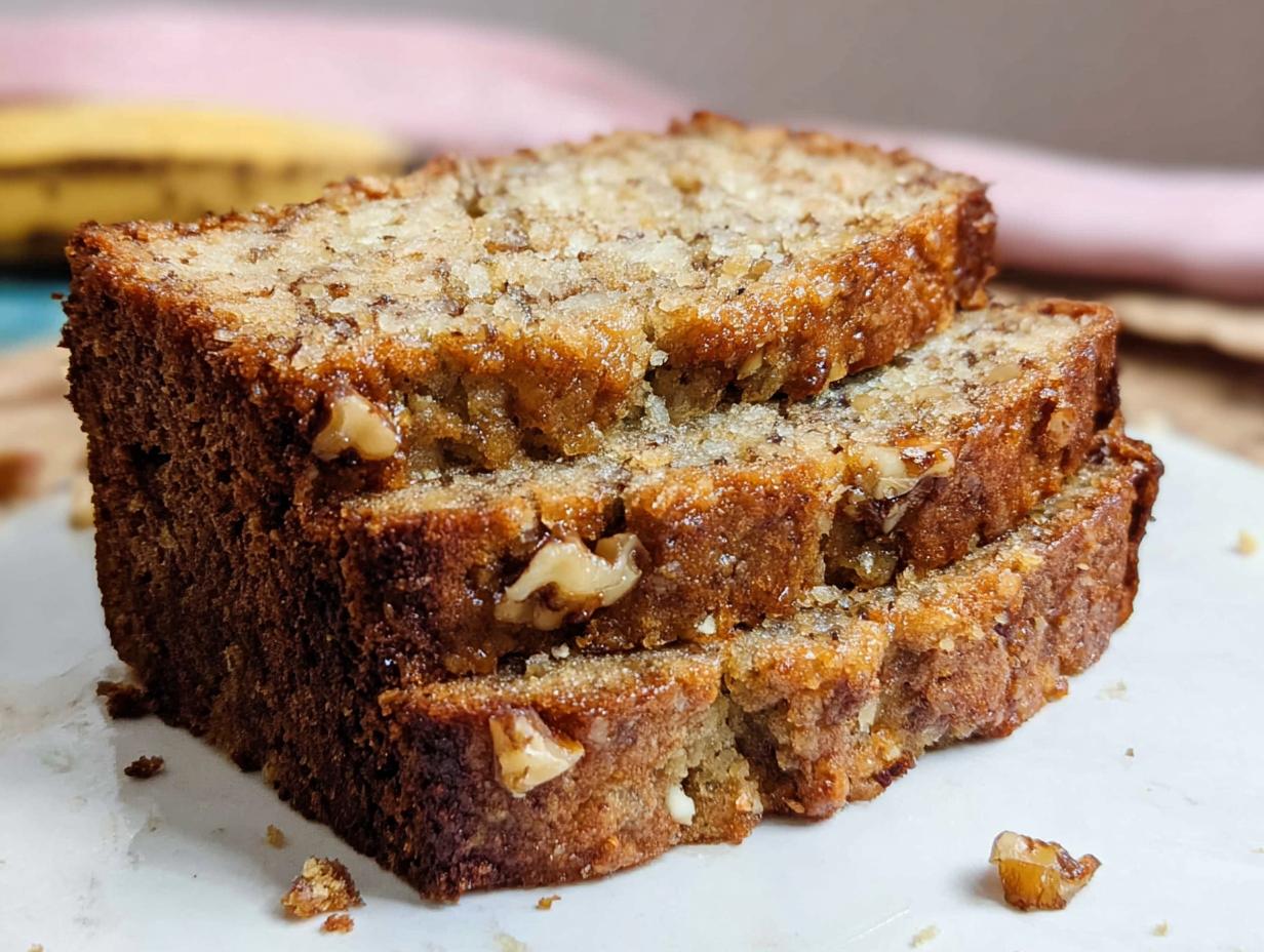Close-up of three stacked slices of moist Banana Nut Bread with Walnuts, showing a sugary, caramelized top.