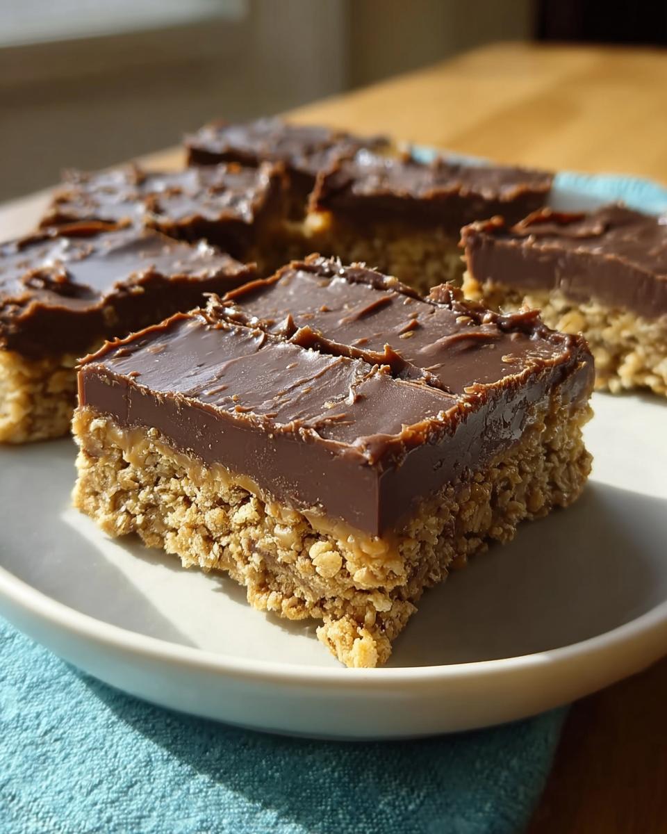 A close-up of a square No Bake Chocolate Peanut Butter Oat Bars slice showing the thick oat base and rich chocolate topping.