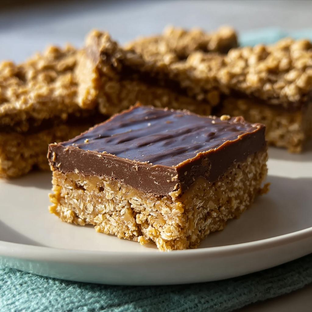 A single square of No Bake Chocolate Peanut Butter Oat Bars with a thick chocolate topping sits on a white plate.