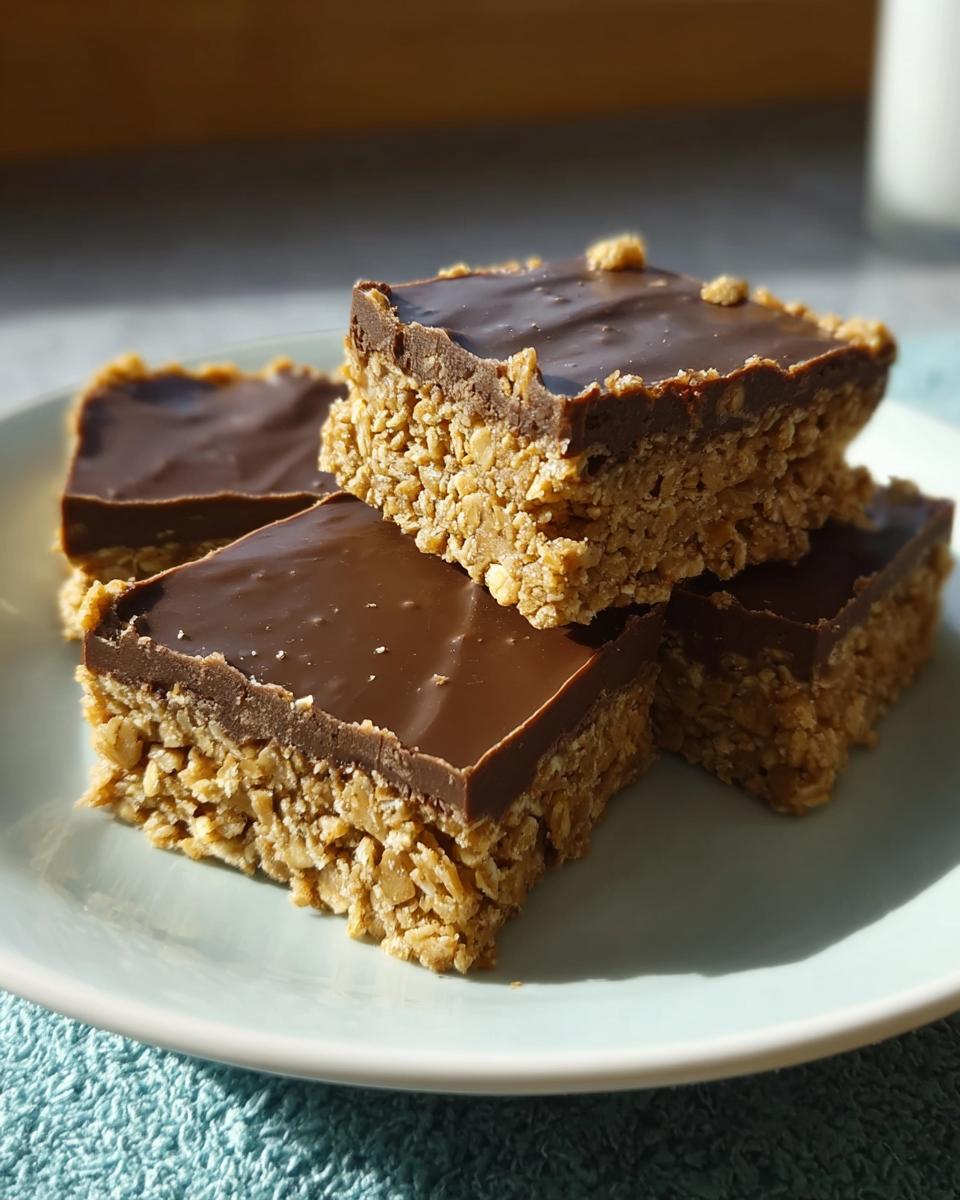 Four stacked squares of No Bake Chocolate Peanut Butter Oat Bars with a thick chocolate topping on a light blue plate.