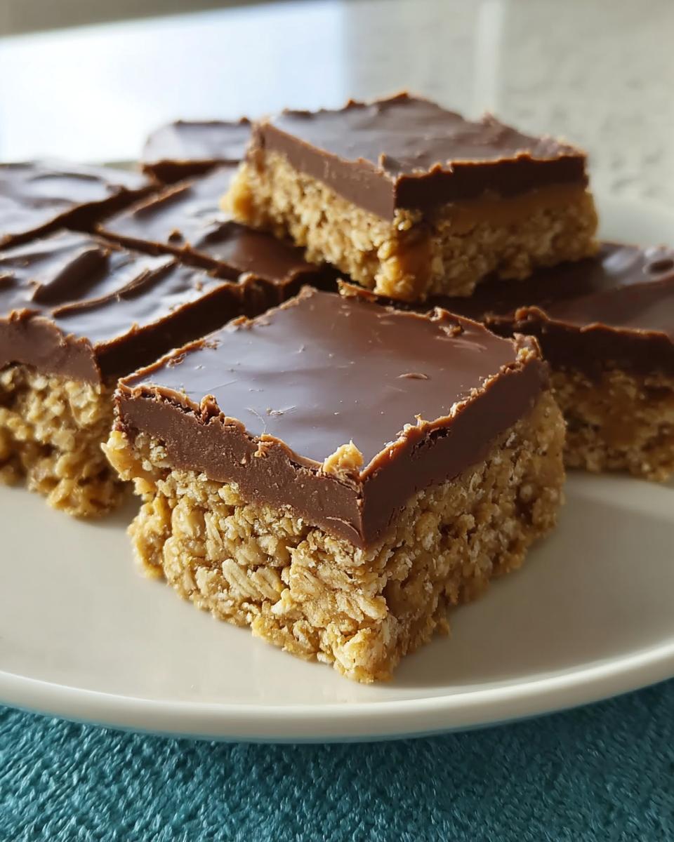 A stack of rich No Bake Chocolate Peanut Butter Oat Bars featuring a thick oat base and a glossy chocolate topping.