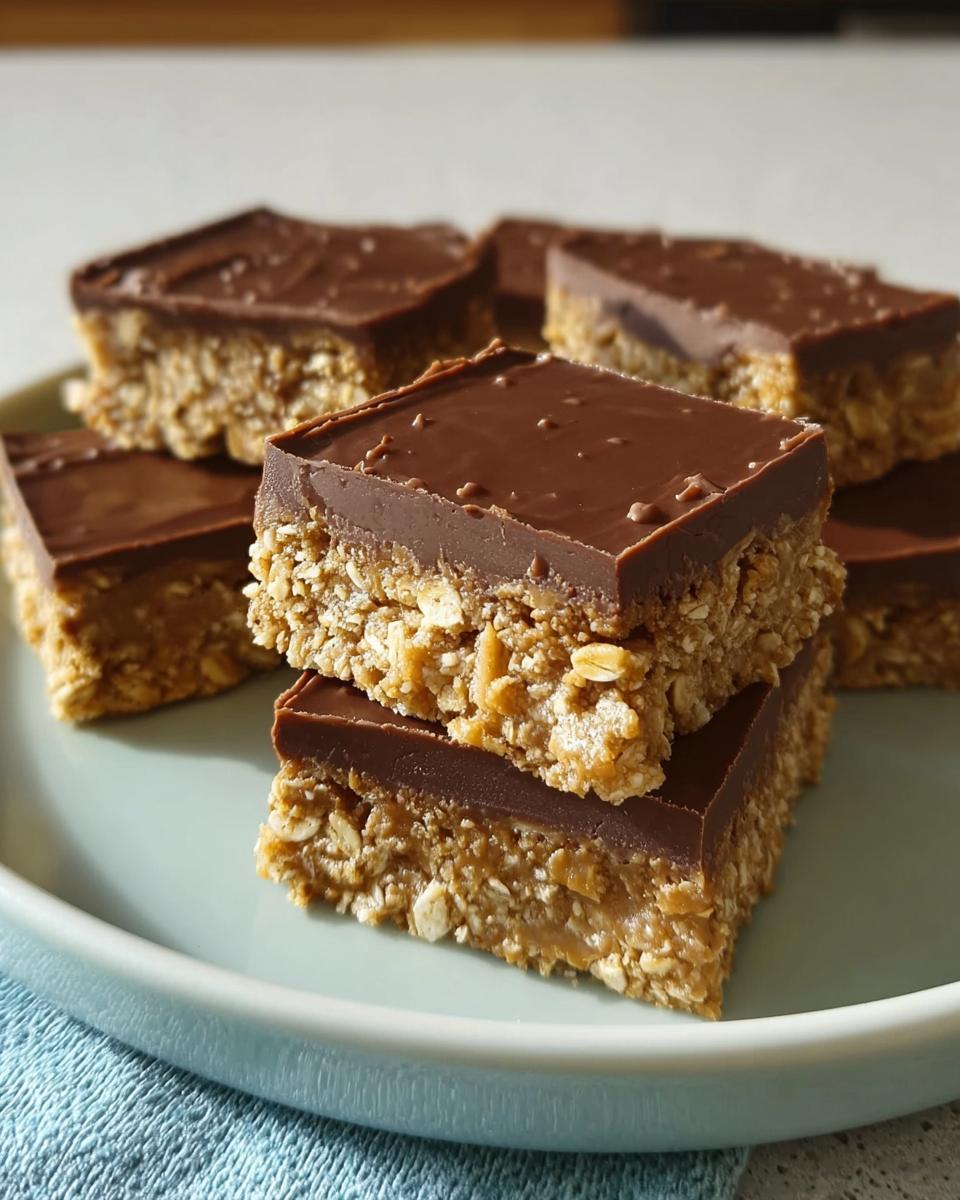 Stacked squares of No Bake Chocolate Peanut Butter Oat Bars featuring an oat base and thick chocolate topping.