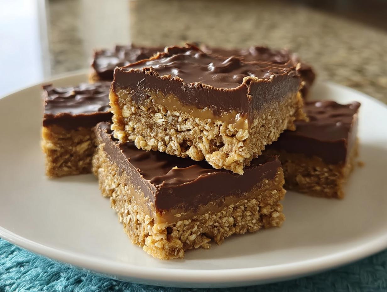 Close-up of stacked No Bake Chocolate Peanut Butter Oat Bars with an oat base, caramel layer, and chocolate topping.
