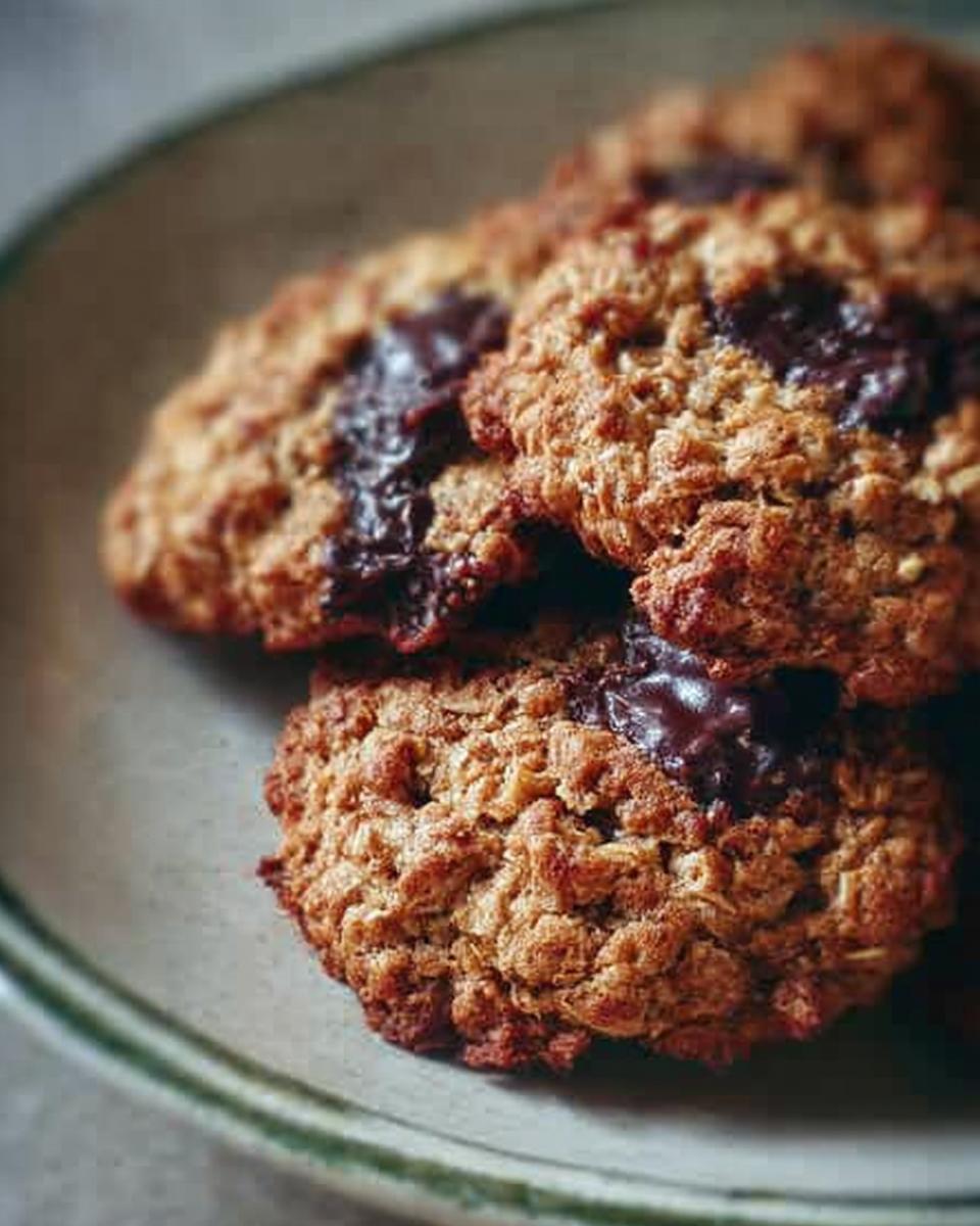 Close-up of several chewy Oatmeal Chocolate Chip Coconut Cookies stacked on a rustic plate.