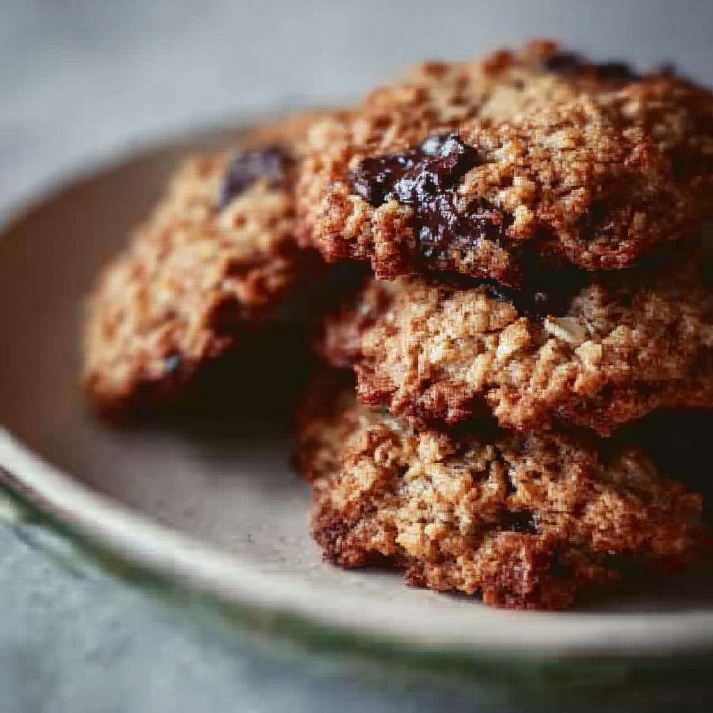 A close-up stack of three chewy Oatmeal Chocolate Chip Coconut Cookies on a light plate.