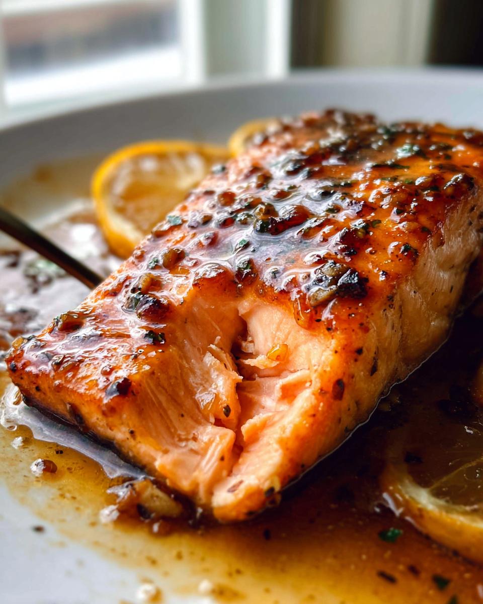 Close-up of flaky, glazed One Pan Honey Garlic Salmon served with lemon slices and sauce.