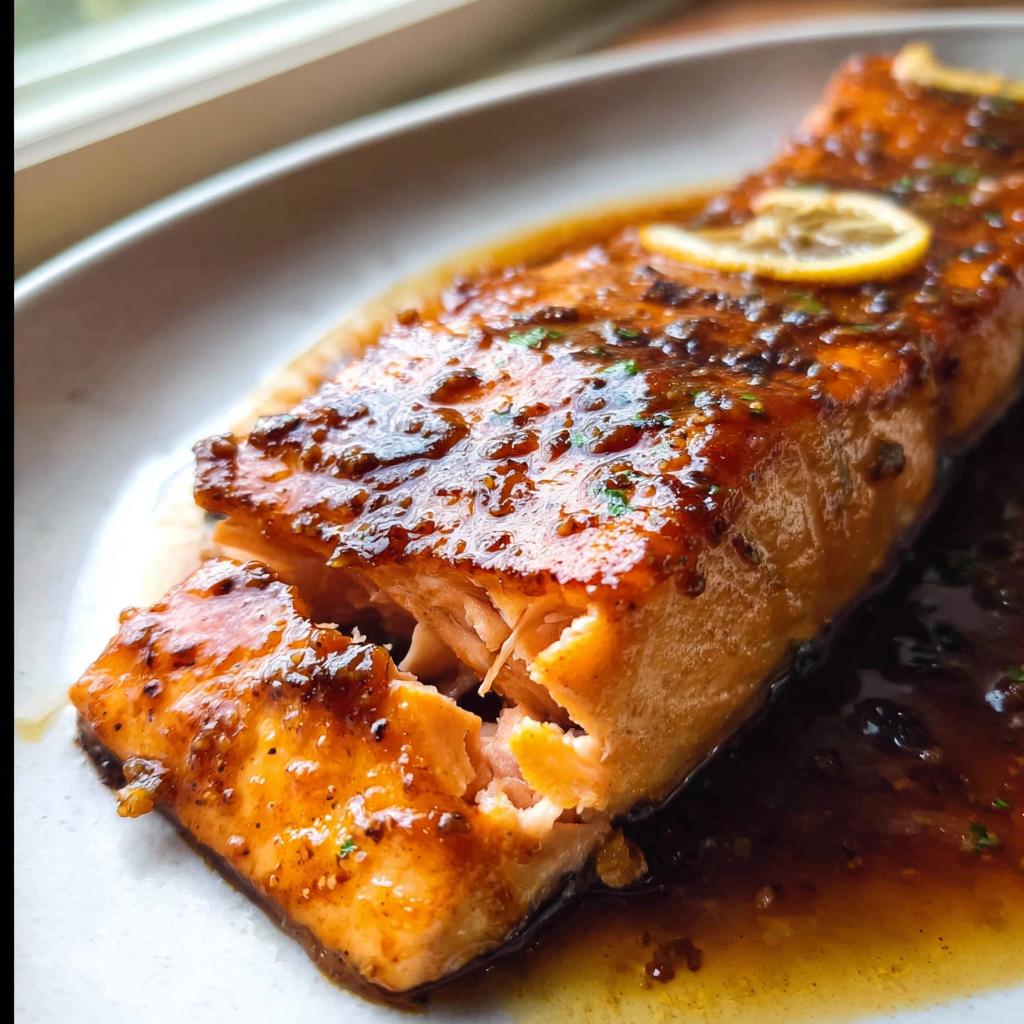 Close-up of a flaky salmon fillet covered in a rich, glossy glaze, part of the One Pan Honey Garlic Salmon recipe.