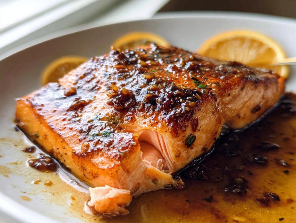 Close-up of a perfectly cooked One Pan Honey Garlic Salmon fillet covered in a rich, sticky glaze.